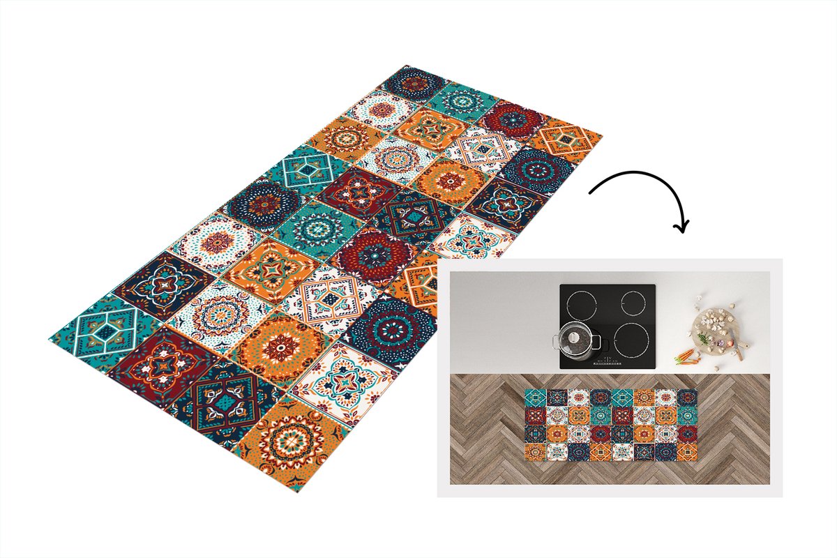 KitchenYeah Keukenloper - Loper keuken - Retro - Bladeren - Design - Oranje - Bruin - 120x50 cm - Keukenloper vinyl Multicolor