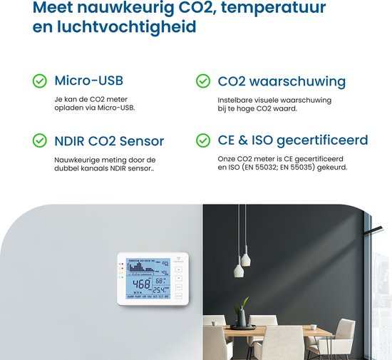 Rovary RV2000P CO2 meter & Hygrometer - CO2 melder en monitor binnen - Inclusief E-book - Luchtkwaliteitsmeter – draagbaar en oplaadbaar – met alarm - Rovary