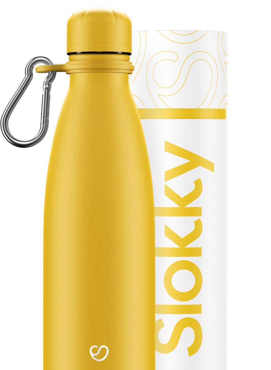 Slokky - Matte Yellow Thermosfles, Dop & Karabijnhaak - 500ml