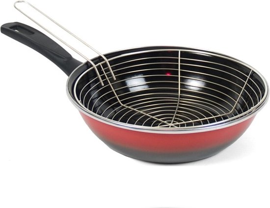 Rvs/emaille frituurpan/friteuse voor alle hittebronnen - rood 26 cm - Frituren op gasstel of kookplaat