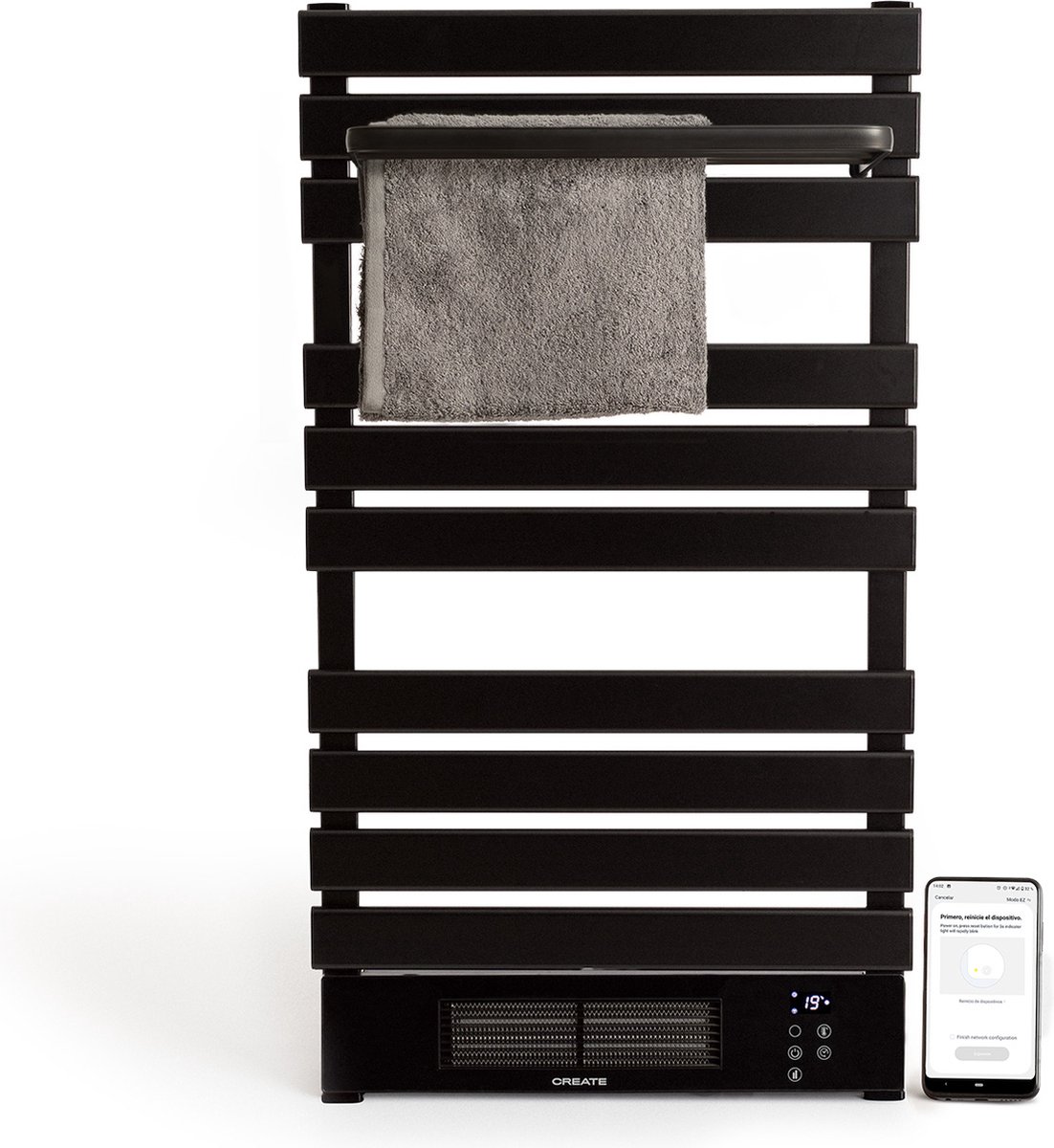 CREATE WARM TOWEL PRO - Handdoekenrek Wifi met keramisch verwarmingselement met plank - Zwart