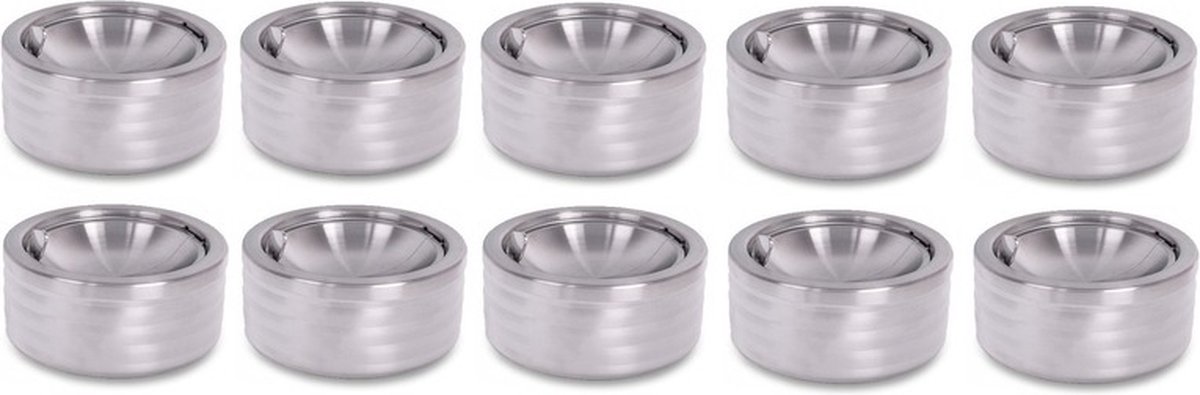 Goedkoopste 10x Mat chroom klepasbakken/terrasasbakken 11 cm - Buiten asbakken - Tafelaccessoires - Tuin artikelen