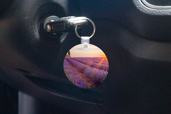 Porte-clés - Lavande - Coucher de soleil - Fleurs - Violet - Plastique - Rond - Cadeaux à distribuer