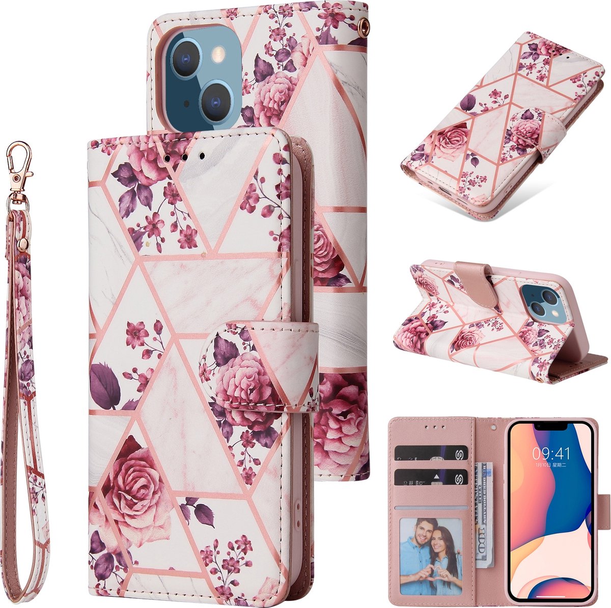 Fonu Marmer bookcase Geschikt Voor iPhone 14 Plus hoesje - Rosegoud