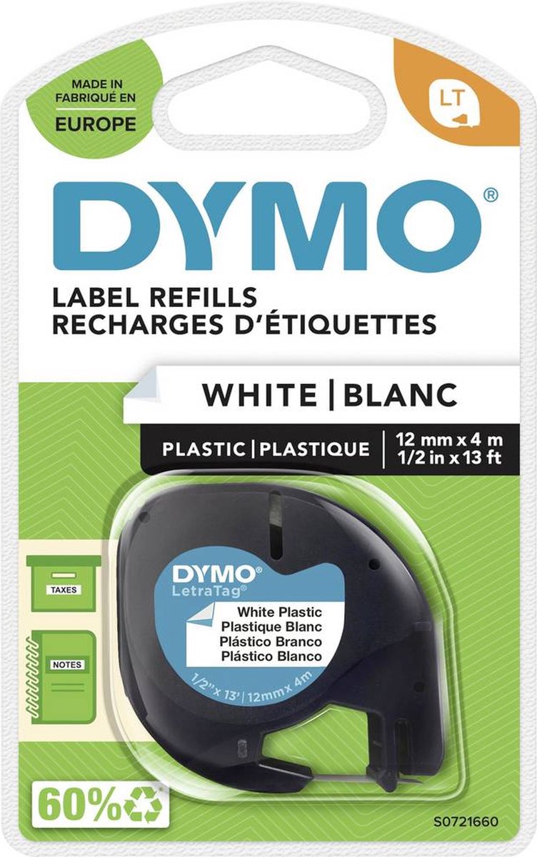 DYMO LetraTag originele plastic labels | Zwart afdrukken op witte etiketten | 12 mm x 4 m | Zelfklevende multifunctionele labels voor LetraTag labelprinters | gemaakt in Europa - DYMO