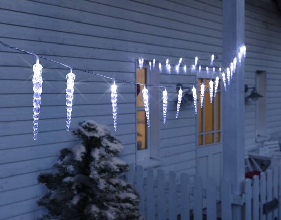 AMARE IJspegellichtketting Met 80 Leds  10 Ijspegels à 8 LED  Warmwit Sneeuwvaleffect Lengte 3 6 M Plus 10 Voedingskabel Ce Gs Getest Voor Binnen En Buiten Timer 753595846