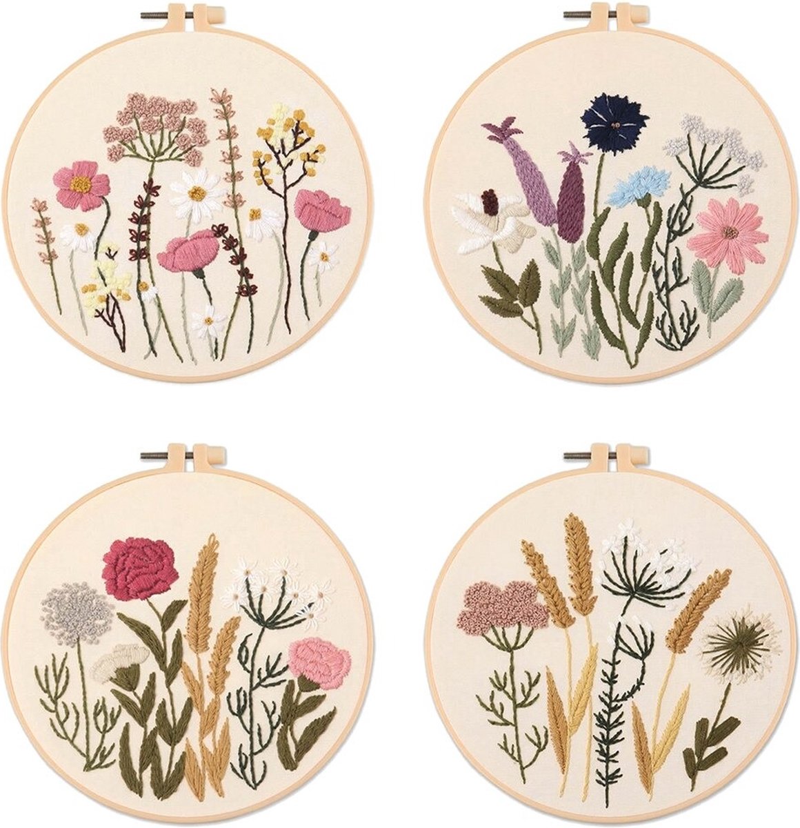 Aucuu 3 bloemenpatroon sets, handborduurset, borduurstartersets, inclusief 3 gebloemde borduurdoeken, draden, 3 papieren instructies, 6 naalden, 1 ring, andere accessoires en video tutorials