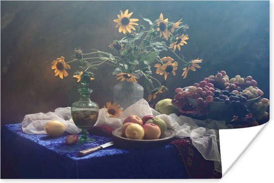 Poster Stilleven - Druiven - Zonnebloemen - Fruit - Kunst - Schilderij - 90x60 cm