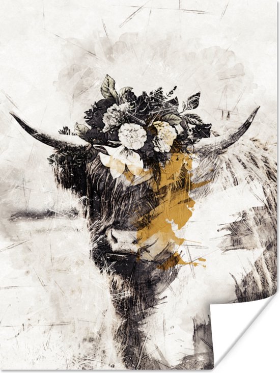 Affiche Highlander écossais - Peinture - Fleurs - 30x40 cm