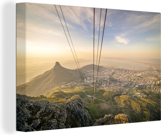 Canvas Schilderij Uitzicht vanaf de Tafelberg over Kaapstad met zonsondergang - 90x60 cm - Wanddecoratie