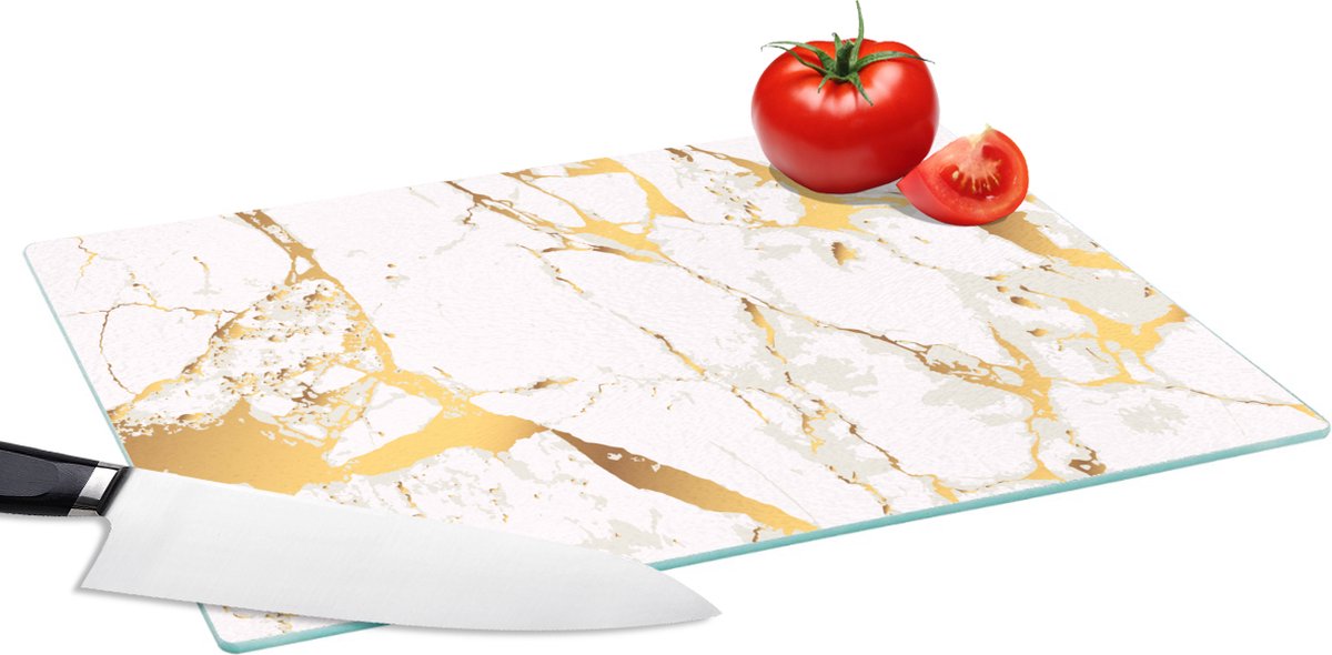 Glazen Snijplank - 39x28 - Marmer - Goud - Wit - Chic - Snijplanken Glas