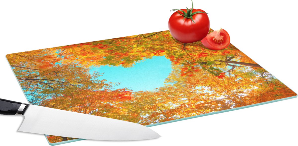 Glazen Snijplank - 39x28 - Bomen - Herfst - Hartje - Natuur - Oranje - Hart - Snijplanken Glas