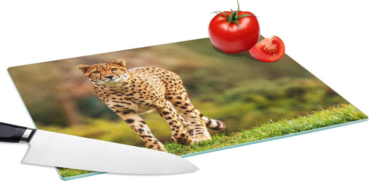 Glazen Snijplank - 39x28 - Wilde dieren - Gras - Luipaard - Natuur - Snijplanken Glas