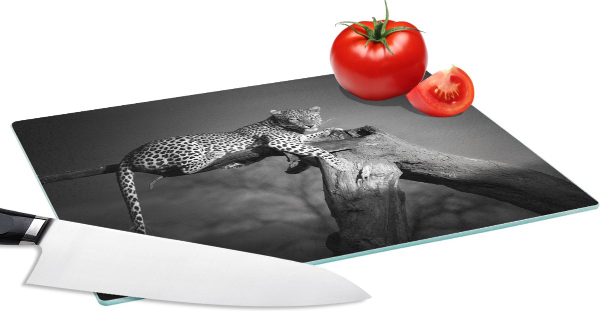 Glazen Snijplank - 28x20 - Panter - Boom - Dieren - Zwart - Wit - Snijplanken Glas