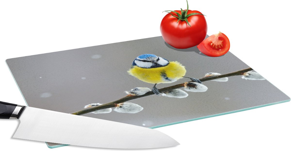 Glazen Snijplank - 28x20 - Pimpelmees - Vogel - Tak - Geel - Blauw - Snijplanken Glas
