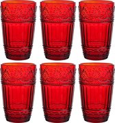 HELE HUISHOUDEN | Glazen bekers | Set van 6 drinkglazen | 11oz reliëfontwerp | Drinkbekers voor water, ijsthee, sap (rood)