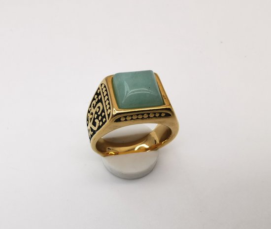 RVS Edelsteen groene Calciet goudkleurig Ring. Maat 19. Vierkant ringen met zwarte/goud patronen aan de zijkant. Beschermsteen. geweldige ring zelf te dragen of iemand cadeau te geven.