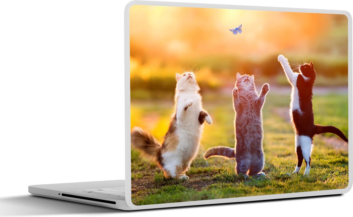 Laptop sticker - 14 inch - Katten - Vlinder - Zonsondergang - Gras - Natuur - 32x5x23x5cm - Laptopstickers - Laptop skin - Cover