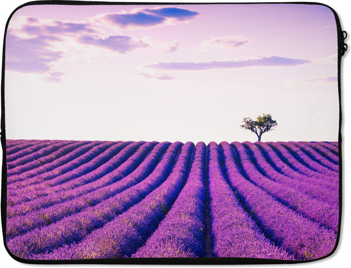 Laptophoes 17 inch - Lavendel - Bomen - Paars - Bloemen - Laptop sleeve - Binnenmaat 41x28 cm - Zwarte achterkant