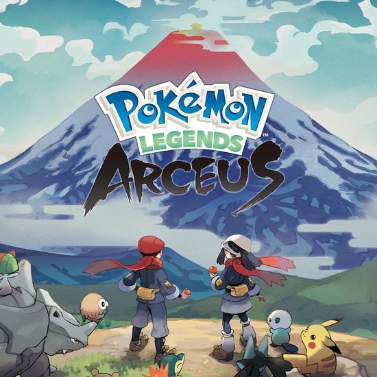 Twee personages staan voor een
berg met de tekst 'Pokémon Legends Arceus'.