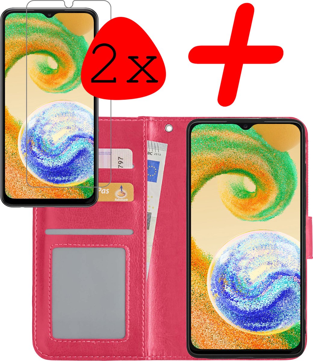 Hoesje Met 2x Screenprotector - Geschikt voor Samsung Galaxy A04s - Luxe Pasjeshouder - Bookcase Portemonee - Flip Case - Kunstleer Book Case - Flipcase Hoes - Book Cover - Walletcase - Portemonneehoes - Donkerroze