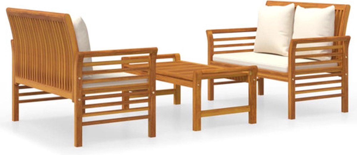 vidaXL 3-delige - Loungeset - met - kussens - massief - acaciahout Crèmewit