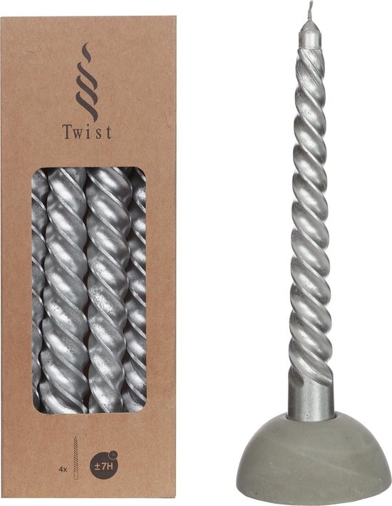 Twist kaars - Zilver - twist dinerkaarsen - set van 4 stuks - 19cm