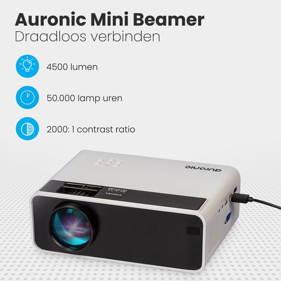 Auronic Mini Beamer - 4500 Lumen - WiFi - 200" Projectie - Full HD - HDMI, Afstandsbediening en Draagtas - Wit