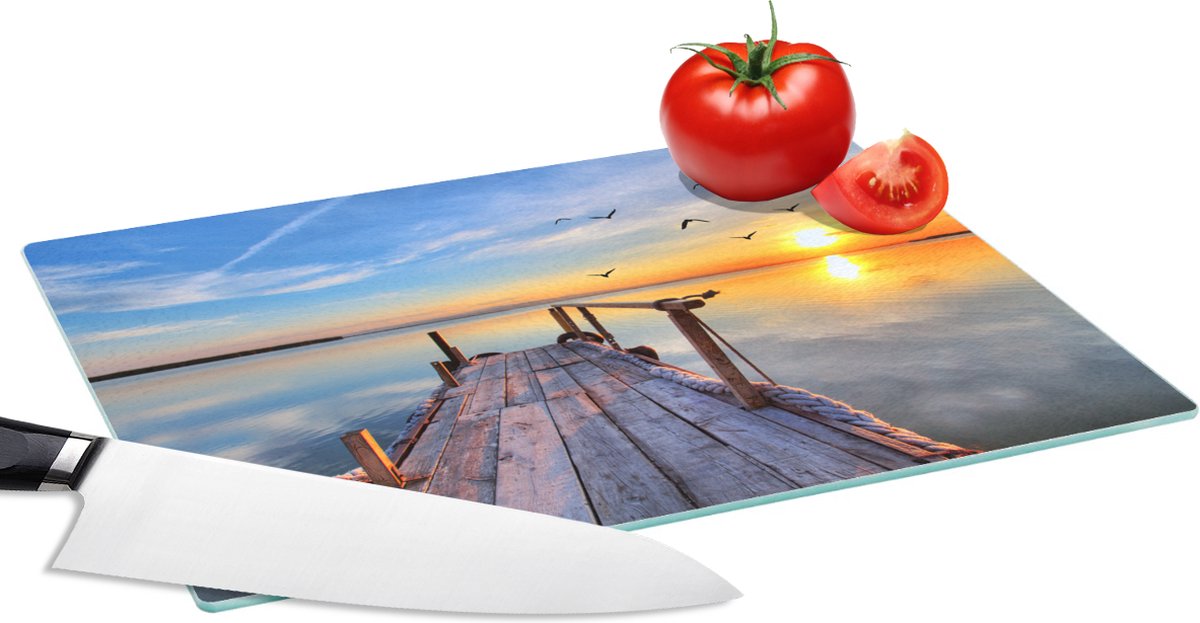 Glazen Snijplank - 28x20 - Water - Steiger - Vogels - Zonsondergang - Horizon - Snijplanken Glas