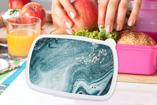 Broodtrommel Roze - Lunchbox - Brooddoos - Marmer look - Blauw - Luxe - 18x12x6 cm - Kinderen - Meisje