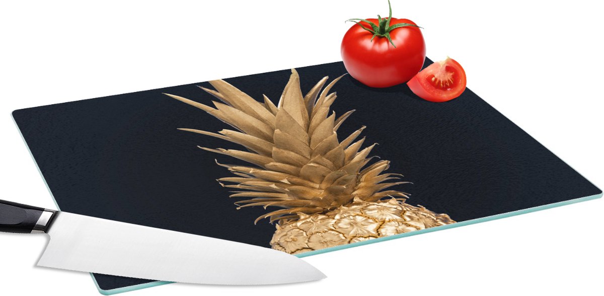Glazen Snijplank - 39x28 - Ananas - Goud - Verf - Zwart - Fruit - Luxe - Snijplanken Glas