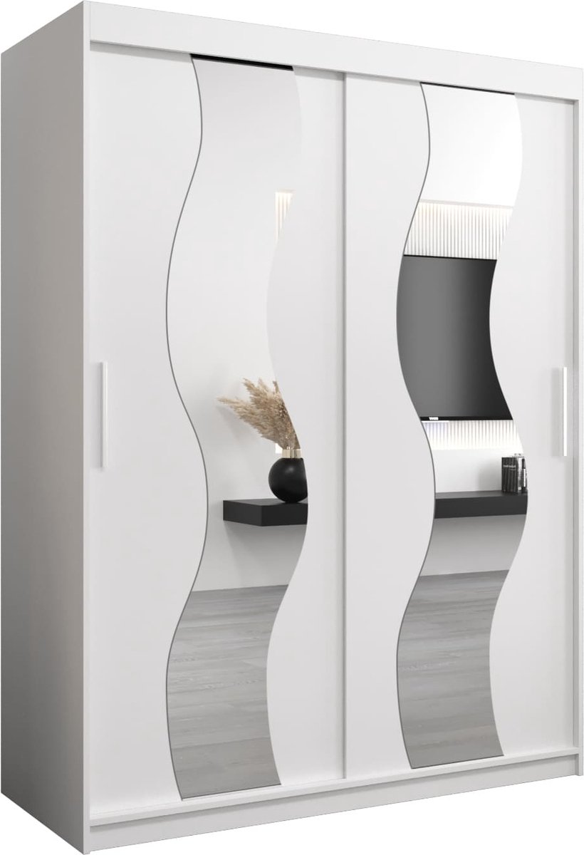 InspireME Kledingkast met 2 schuifdeuren, Modern-stijl, Een kledingkast met planken en een spiegel (BxHxD): 150x200x62 - REESE 150 Wit Mat