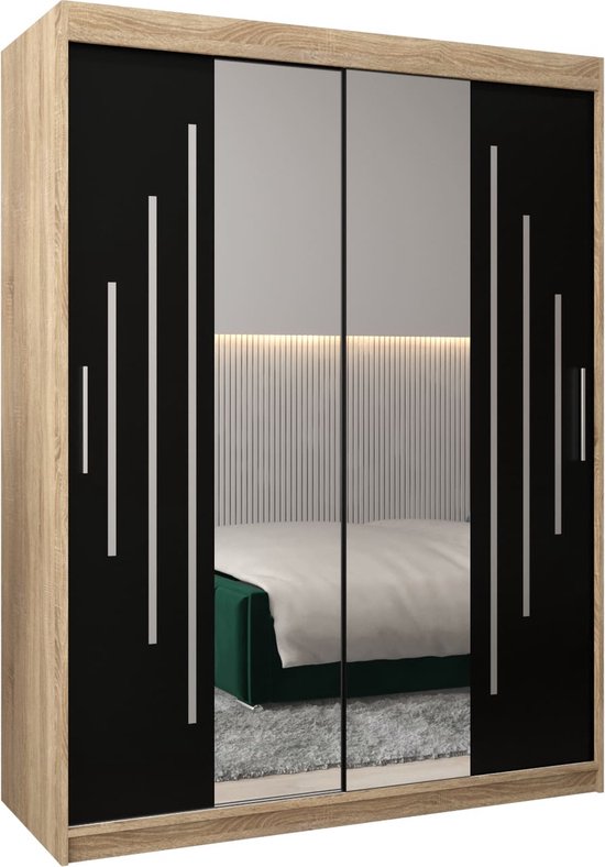 InspireMe - Kledingkast met 2 schuifdeuren, Modern-stijl, Een kledingkast met planken en een spiegel (BxHxD): 150x200x62 - MALTESE I 150 Sonoma Eik + Zwart Mat