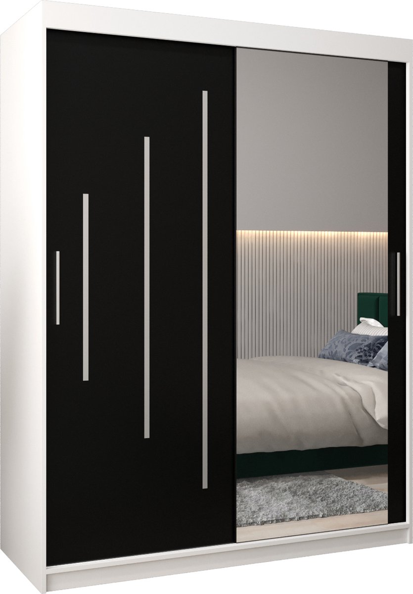 InspireMe - Kledingkast met 2 schuifdeuren, Modern-stijl, Een kledingkast met planken en een spiegel (BxHxD): 150x200x62 - MALTESE II 150 Wit Mat + Zwart