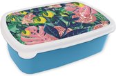 Broodtrommel Blauw - Lunchbox - Brooddoos - Bloemen - Fruit - Kleuren - 18x12x6 cm - Kinderen - Jongen