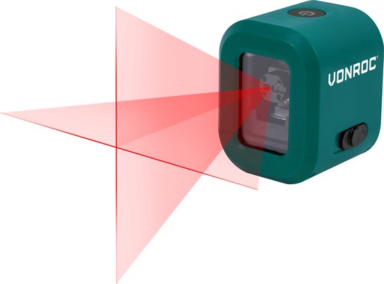 Teal VONROC kruislijnlaser met "VONROC" logo, geprojecteerde rode kruislijn, zonder de klembeugel.