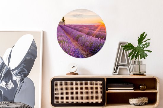 WallCircle - Papier peint cercle - Lavande - Fleurs - Coucher de soleil - Nature - Papier peint rond - Papier peint autocollant - 50x50 cm - Papier peint cercle fleurs - Papier peint autocollant - Papier peint cercle