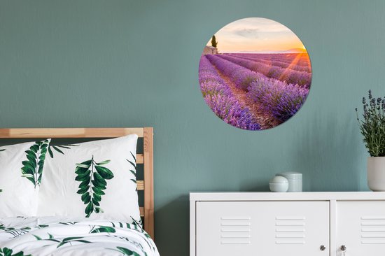 WallCircle - Papier peint cercle - Lavande - Fleurs - Coucher de soleil - Nature - Papier peint rond - Papier peint autocollant - 50x50 cm - Papier peint cercle fleurs - Papier peint autocollant - Papier peint cercle