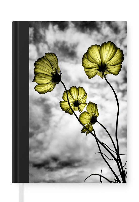 Carnet - Carnet d'écriture - Fleurs - Zwart - Wit - Jaune - Carnet - Format A5 - Bloc-notes