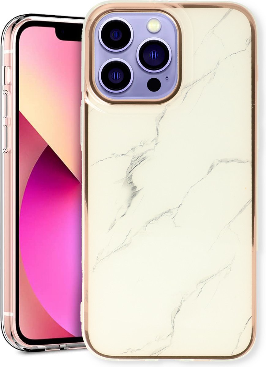 Casemania Hoesje Geschikt voor Apple iPhone 13 Pro Max - Wit - Siliconen Marmer Back Cover