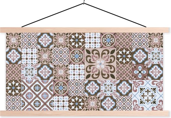 Posterhanger incl. Poster 120x60 cm - Schoolplaat - Patronen - Vintage - Bruin - Bloemen - vormen - Textielposter - Blanke latten