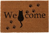 J-Line Paillasson coco avec motif de chat et inscription "Welcome", tapis de propreté pour l'extérieur de la porte d'entrée avec dessous en caoutchouc antidérapant, paillasson en coco comme décoration de porte et cadeau d'emménagement, 60 x 40 cm
