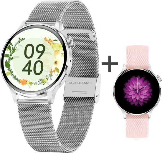 LUXXOZ Smartwatch Dames - Zilver - Horloge dames - Smartwatch Heren - Stappenteller - Android en iOS - Full HD Touchscreen - Extra Bandje - Valentijn