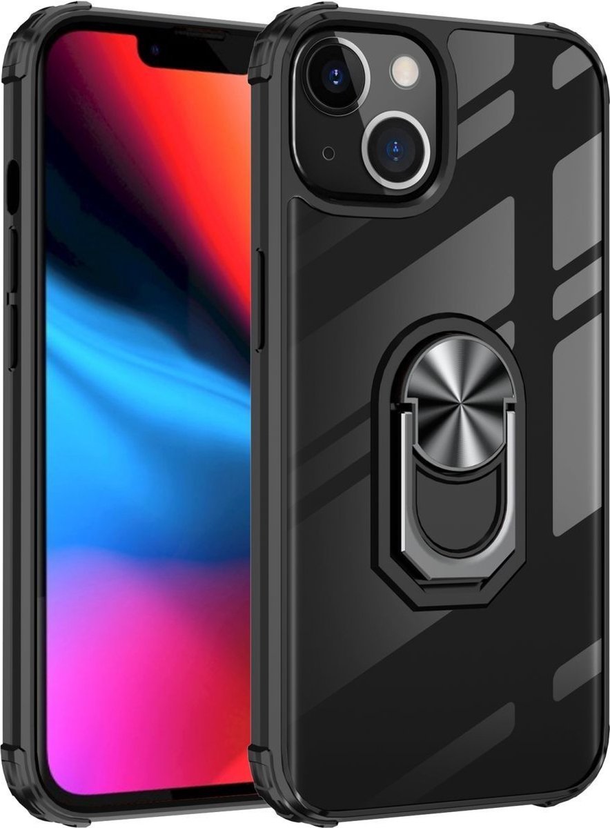 Mobigear Hoesje geschikt voor Apple iPhone 14 Pro Telefoonhoesje Hardcase | Mobigear Crystal Ring Backcover met Ringhouder | iPhone 14 Pro Case | Back Cover - Transparant / Zwart