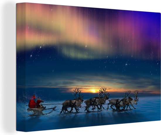 Canvas Schilderij Noorderlicht - Kerstman - Slee - Eland - 30x20 cm - Wanddecoratie