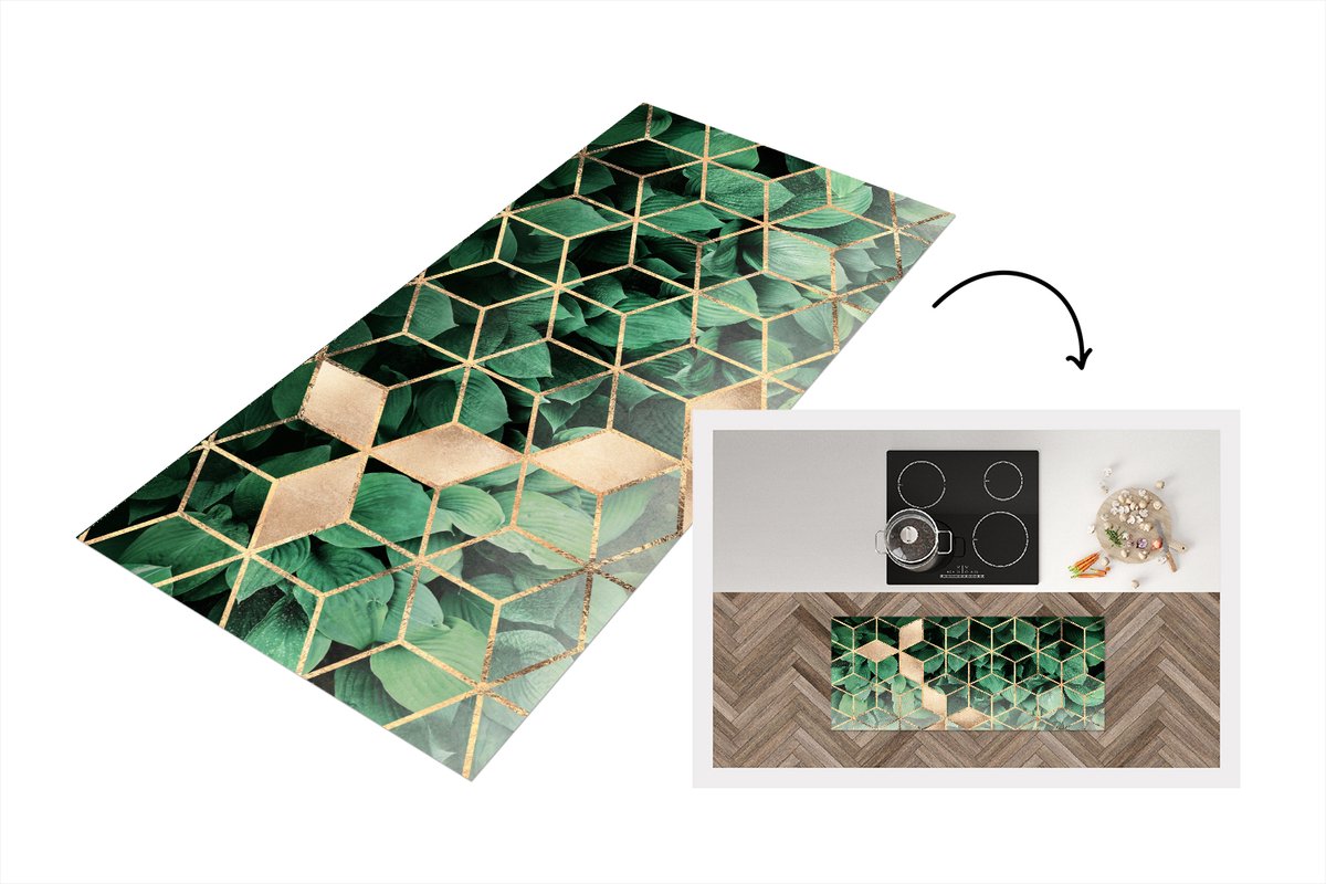 KitchenYeah Keukenloper - Loper keuken - Bladeren - Goud - Patronen - Kubus - Luxe - 120x50 cm - Keukenloper vinyl Multicolor