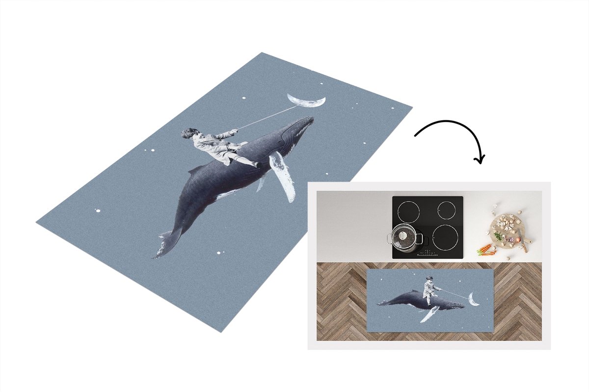 KitchenYeah Keukenloper - Loper keuken - Ruimte - Jongen - Maan - Walvis - 120x60 cm - Keukenloper vinyl Multicolor