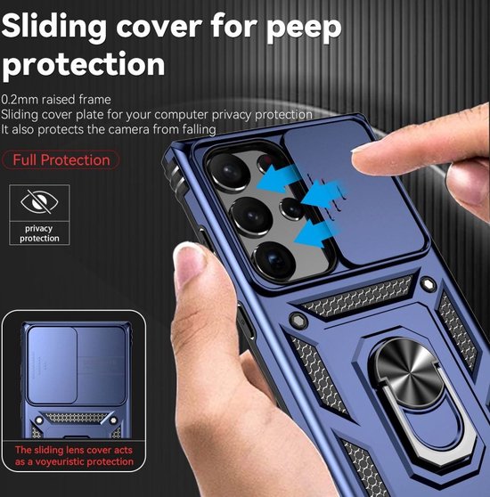 Coque bleue avec cache coulissant pour objectif photo et fonction confidentialité.