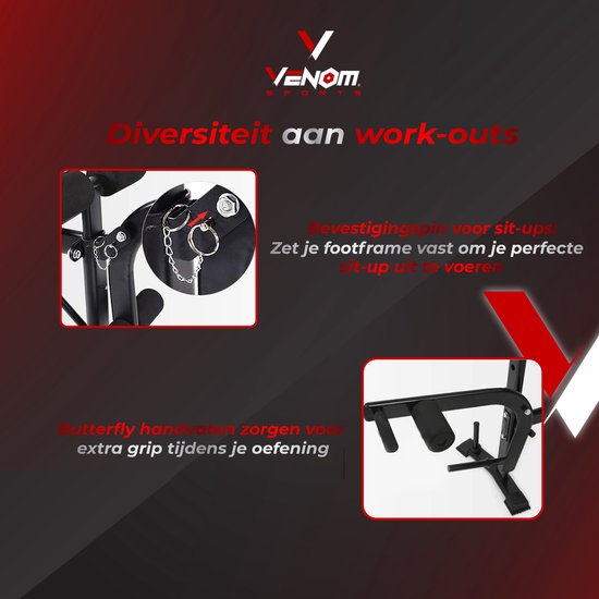 Zwarte trainingsbank met bevestigingspin voor sit-ups en vlinderhandgrepen voor extra grip.