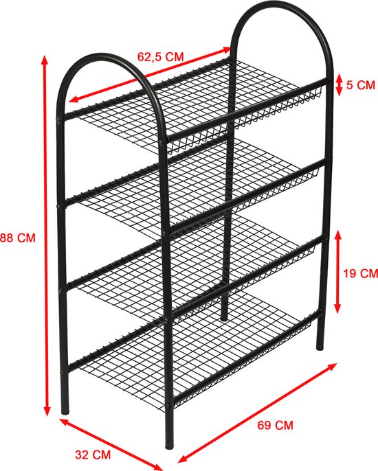 Zwart metalen schoenenrek met 4 etages, met afmetingen aangegeven in centimeters.